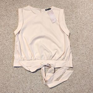 Emery Rose Blouse Top Womens Small Beige Elastic Waist Tie Front Sleeveless